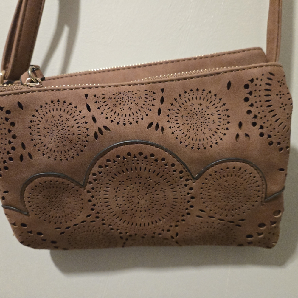 Elegant Tan Laser-Cut Crossbody Bag